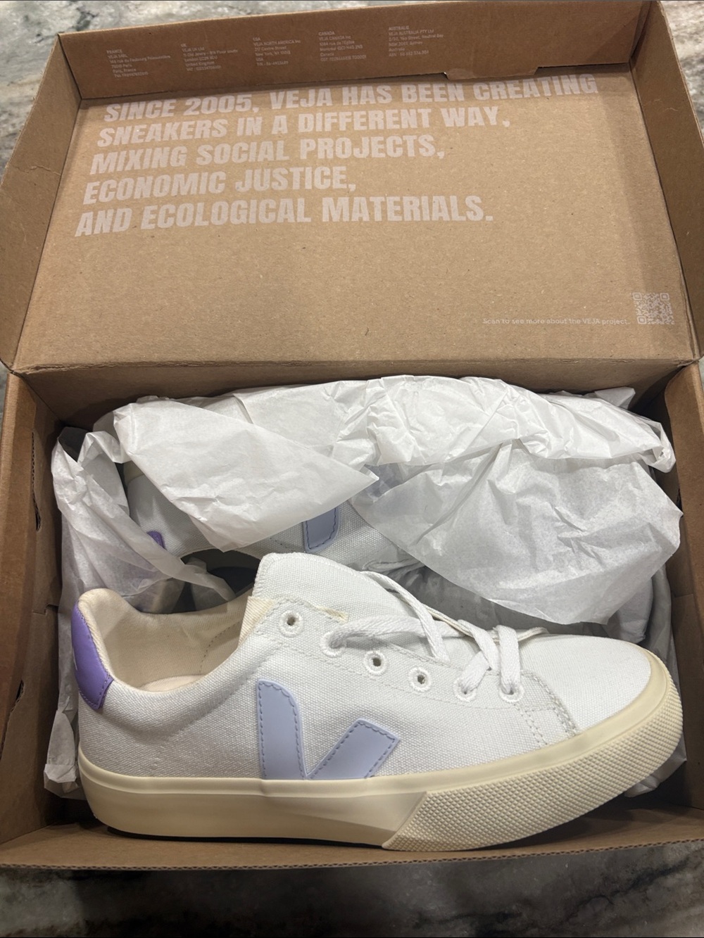 Veja Women's White Canvas Sneakers with Lavender V Logo